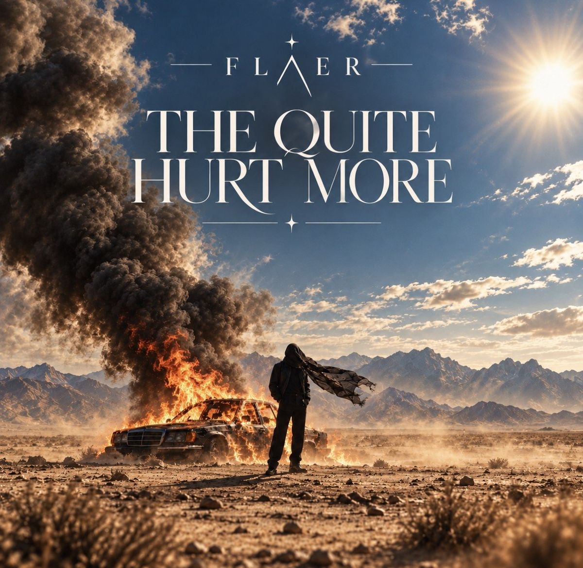 The Quite Hurt More album cover: a figure stands by a burning car in a desert under a hard sun.