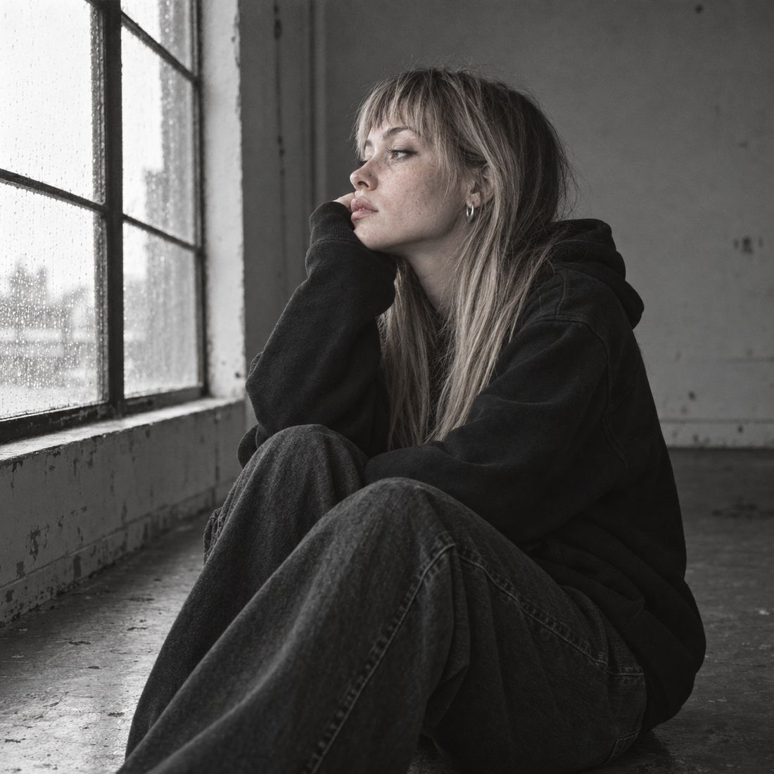 SHAW sitting on a concrete floor by a rain-streaked window.